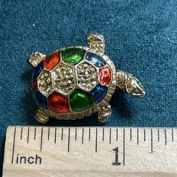 Vintage Costume Jewelry Turtle Brooch Enamel with Rhinestones Gold Tone - Picture 5 of 5